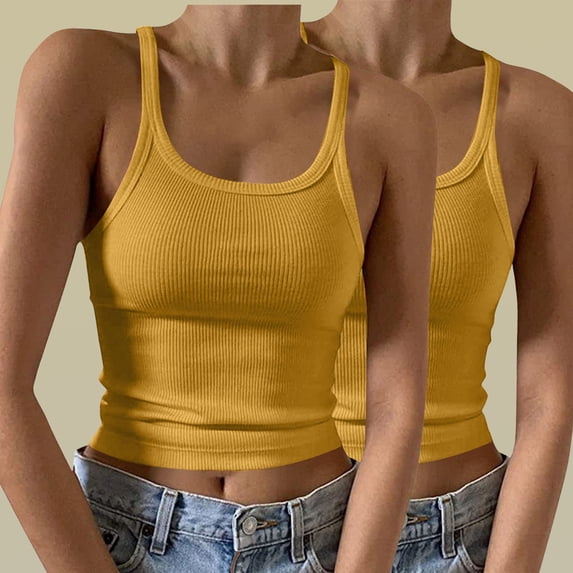 Pincandy Women's 2PC Sleeveless Tank Top Form Fitting Scoop Neck Ribbed Knit Basic Cami Shirts