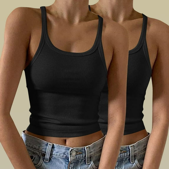 Pincandy Women's 2PC Sleeveless Tank Top Form Fitting Scoop Neck Ribbed Knit Basic Cami Shirts