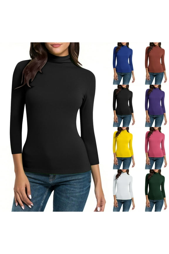 Women's 3/4 Sleeve Turtleneck Solid Color Slim Fit Base Layer Top Soft Breathable Tee Ideal for Spring Fall Daily Commute and Casual Wear