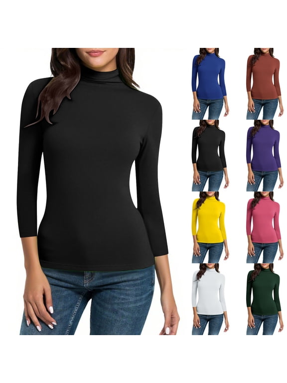 Women's 3/4 Sleeve Turtleneck Solid Color Slim Fit Base Layer Top Soft Breathable Tee Ideal for Spring Fall Daily Commute and Casual Wear