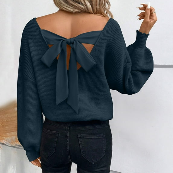 Pincandy Women's Bow Fall Sweaters 2025 Cable Knit Chunky Oversized Long Sleeve Backless V Neck Pullover Tops