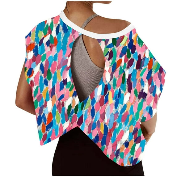 Pincandy Women Short Sleeve Workout Shirts Open Back Tops Casual Yoga Athletic Gym Slouchy Crop Running Solid Color Tees