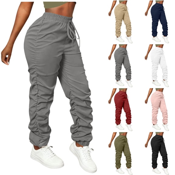 Pincandy Women's Casual Cargo Pants - Ruched Elastic Waist, Multi-Pockets, Loose Fit for Hiking & Outdoor Activities