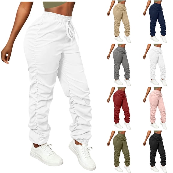 Pincandy Women's Casual Cargo Pants - Ruched Elastic Waist, Multi-Pockets, Loose Fit for Hiking & Outdoor Activities