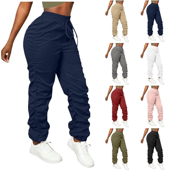 Pincandy Women's Casual Cargo Pants - Ruched Elastic Waist, Multi-Pockets, Loose Fit for Hiking & Outdoor Activities