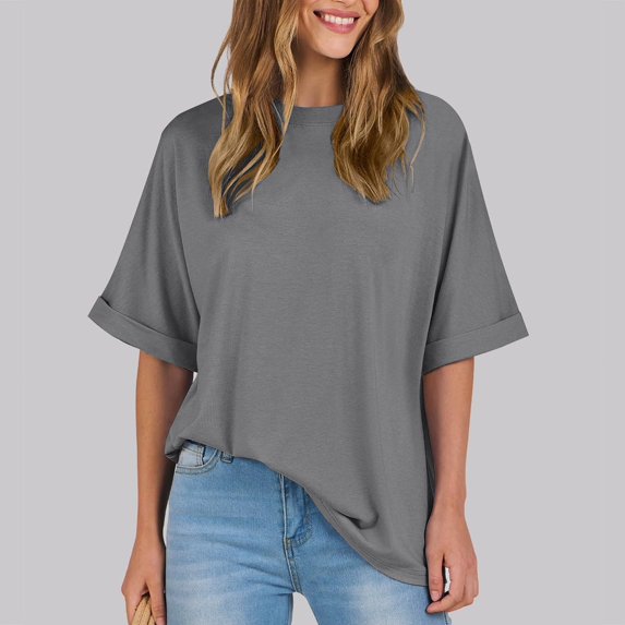 Pincandy Women's Casual Crewneck Short-sleeved Solid Color Loose Short Loose T-shirt Plus Size T Shirts Oversized Tees Summer Half Sleeve Crew Neck Tunic Tops,Brown,XL