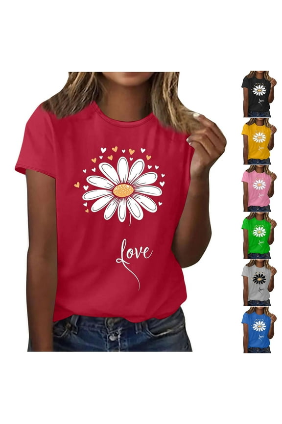 Women's Casual Fashion Floral Print Short Sleeve Crew Neck T Shirt Relaxed Fit Tee Ideal for Weekend Shopping and Family Picnics