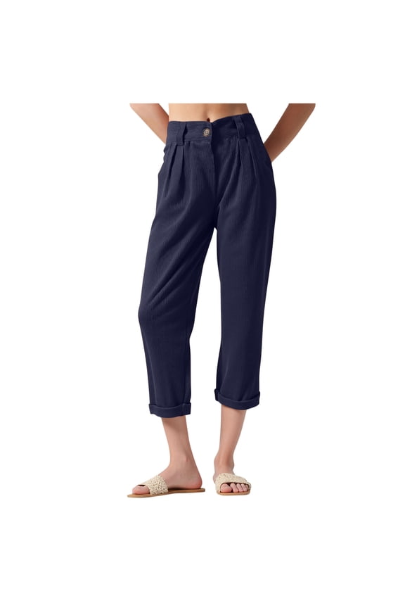 Women's Casual Pants - Elastic Waist with Buttons, Side & Back Pockets, Loose Fit for Daily Wear