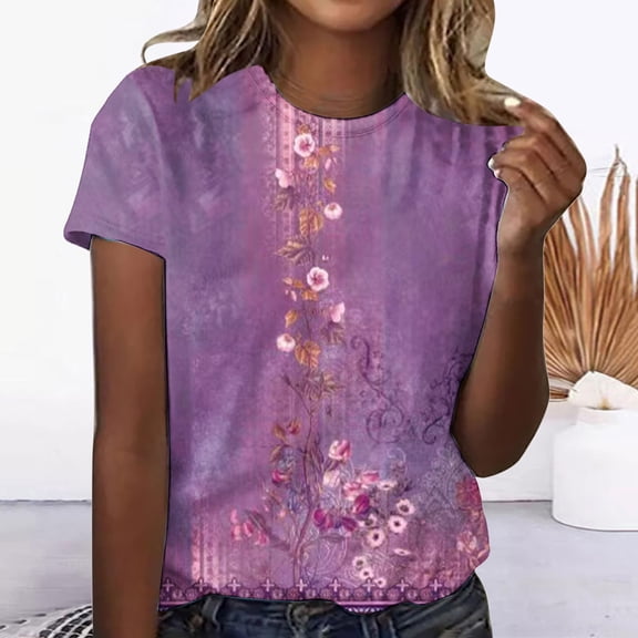 Pincandy Women's Casual Retro Printed Round Neck Summer Tops Trendy 2025 Ruched Cap Short Sleeve Tshirts Shirts Crew Neck T Shirts Fashion,Purple,2XL