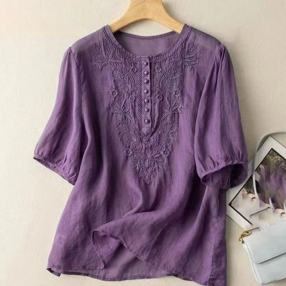 Pincandy Women's Casual Short Sleeve Round Neck Summer Loose Tee Shirts Blouse 3/4 Sleeves Cotton Linen Button Down Tunic Tops Blouse,Purple,2XL