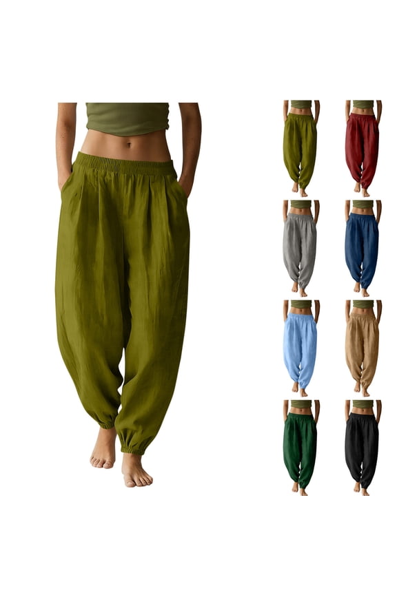 Women's Casual Solid Color Ruched Elastic Waist Pants - Cuffed Legs with Pockets, Boho Style