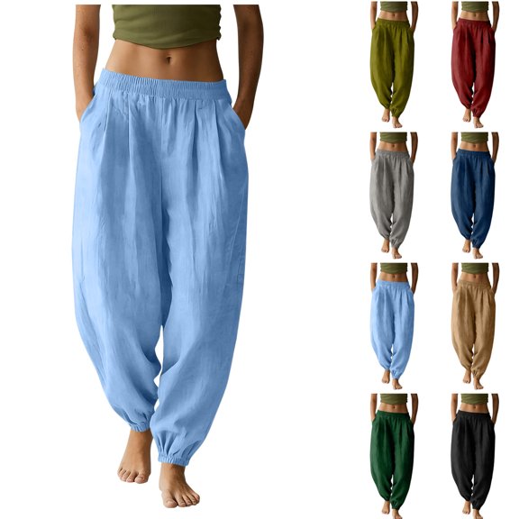 Pincandy Women's Casual Solid Color Ruched Elastic Waist Pants - Cuffed Legs with Pockets, Boho Style