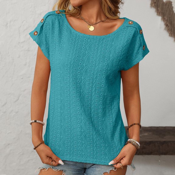 Pincandy Women's Casual Solid V Neck Loose Striped Short Sleeved T-shirt Top Summer Tops Cute Neck Tops Loose Dressy Casual Shirts Cap,Blue,S