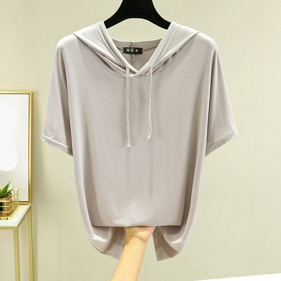 Pincandy Women's Comfortable Short Sleeve Hoodie Pullover Hooded Sweatshirt with Kangaroo Pocket,Gray,2XL