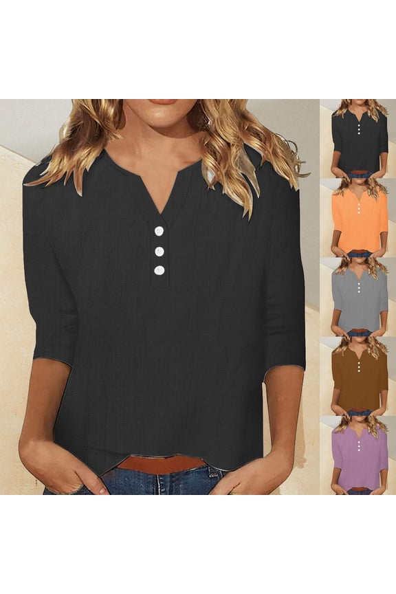 Women's Cotton Linen Blend Solid Color V Neck Button Down 3/4 Sleeve Shirt Loose Fit Casual Top Breathable Tee Perfect for Spring Fall Daily Wear
