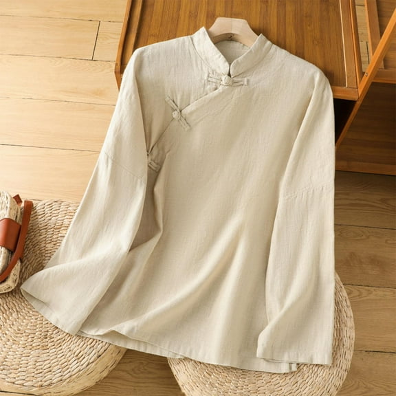 Pincandy Women's Cotton Linen Retro Chinese Frog Button Tops Summer Long Sleeve Stand Collar Blouse Loose Casual Vintage Shirts