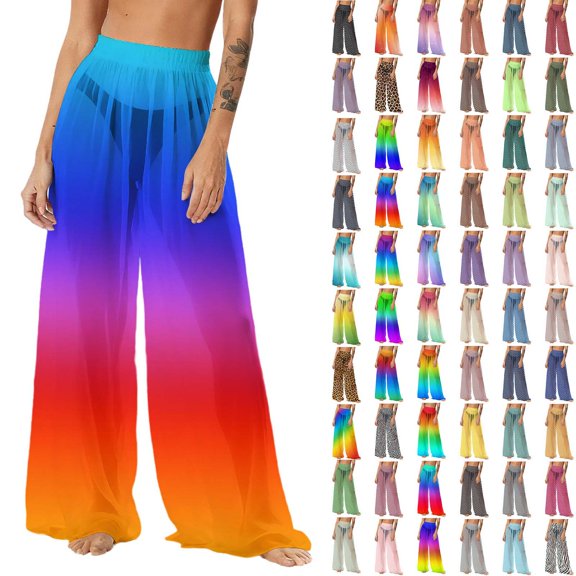 Pincandy Women's Cover Up Pants Sheer Sarong Coverups Summer Boho Beach Pant Elastic Waist Palazzo Cover Up Pants