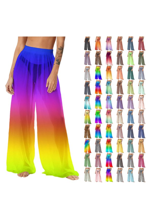 Women's Cover Up Pants Sheer Sarong Coverups Summer Boho Beach Pant Elastic Waist Palazzo Cover Up Pants