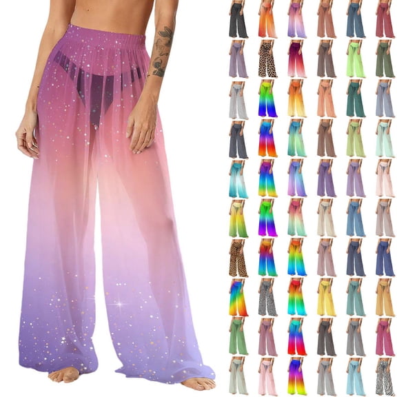Pincandy Women's Cover Up Pants Sheer Sarong Coverups Summer Boho Beach Pant Elastic Waist Palazzo Cover Up Pants