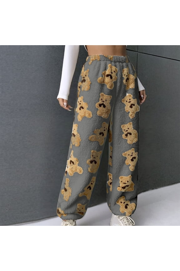 Women's Cute Bear Plush Pajama Pants, Soft Fluffy Fleece Warm Pjs Bottoms Sleepwear Winter Comfy Fuzzy Lounge Pants
