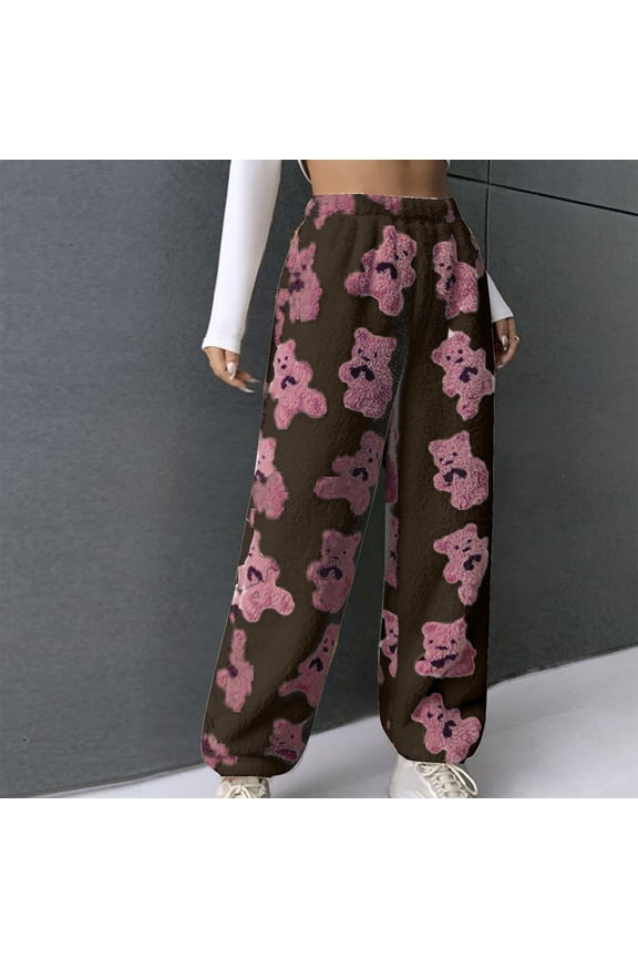 Women's Cute Bear Plush Pajama Pants, Soft Fluffy Fleece Warm Pjs Bottoms Sleepwear Winter Comfy Fuzzy Lounge Pants