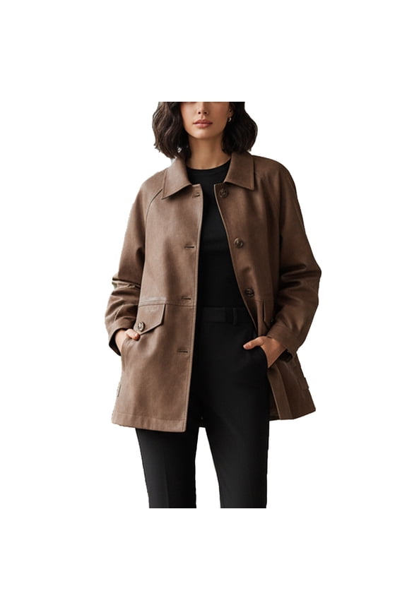 Women's Fall Boyfriend Faux Suede Leather Jacket Casual Midi Long Button Down Shacket Coat