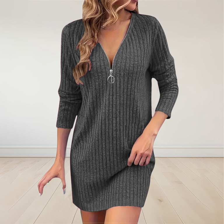 Pincandy Women's Fall Long Sleeve Maxi Dresses Half Zipper Solid Color  Casual Knit V Neck Tiered Flowy Ribbed Texture Dress - Walmart.com
