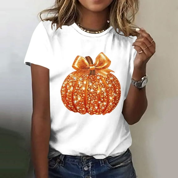 Pincandy Women's Fall Short Sleeve Tops Loose Crewneck Pullover Sweatshirts Basic Solid Casual T-Shirt Blouse