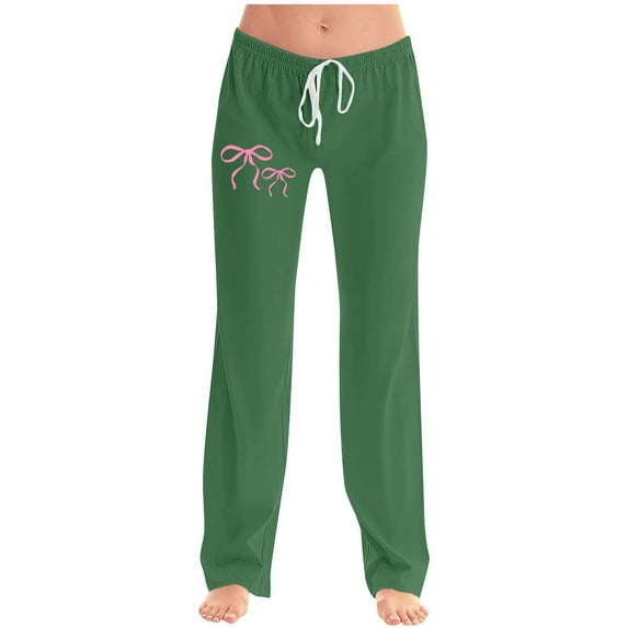 Pincandy Women's Fashion Bow Print Elastic Waist Pants - Drawstring Detail for Loungewear