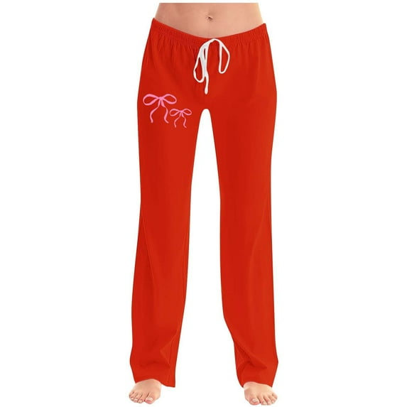 Pincandy Women's Fashion Bow Print Elastic Waist Pants - Drawstring Detail for Loungewear