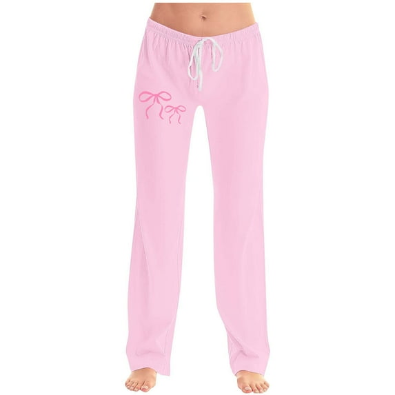 Pincandy Women's Fashion Bow Print Elastic Waist Pants - Drawstring Detail for Loungewear