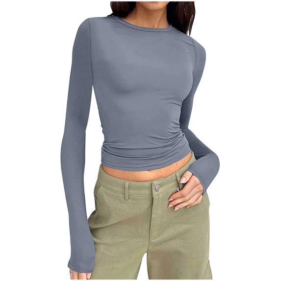 Pincandy Women's Fashion Casual Round Neck Solid Color Long Sleeve T Shirt Pullover Long Sleeve Shirts for Women Soft Crew Neck Fall Basic Tight Tops Fitted Casual Going Out,Gray,L
