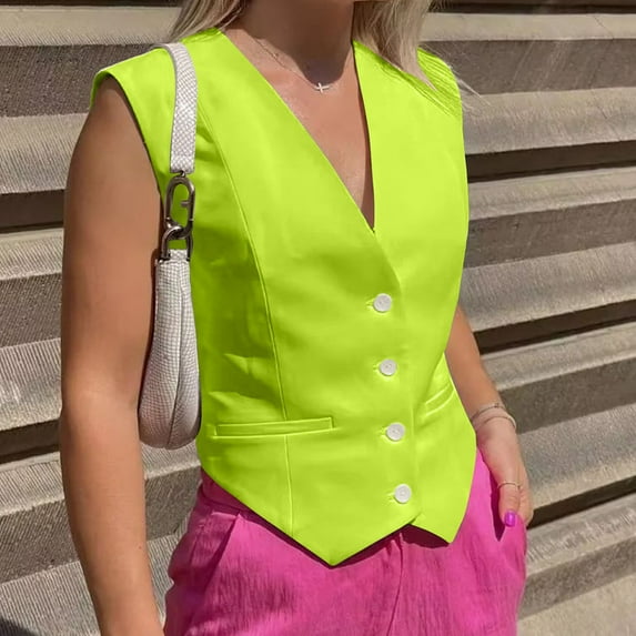 Pincandy Women's Fashion Casual Slim Tank Top Sleeveless Buttons Vest Crop Vintage Sleeveless V Neck Elastic Chiffon Waistcoat,Green,S