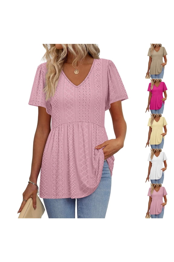 Women's Fashion Casual Solid Color Crew Neck Short Sleeve Shirt with Court Style Cutout Detail Soft Breathable Top for Daily Wear and Casual Gatherings