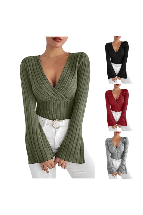 Women's Fashion Casual Solid Color Ribbed V Neck Long Sleeve Base Layer Top Soft Stretchy Tee Versatile for Daily Layering and Fall Winter Wear