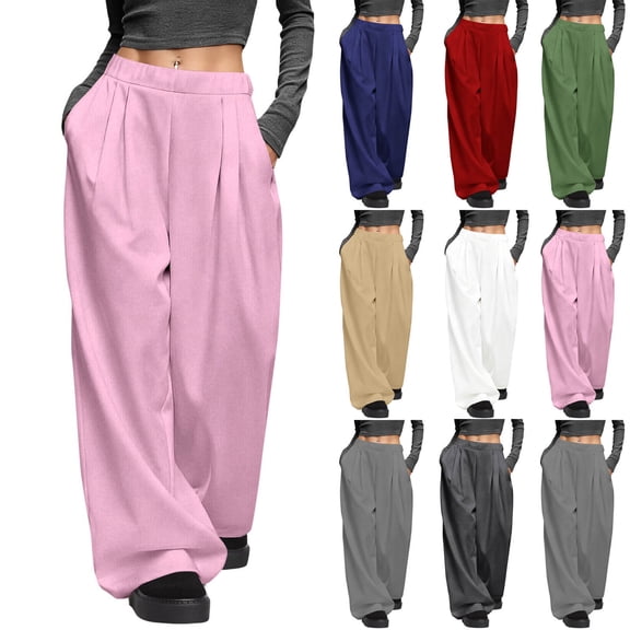 Pincandy Women's Fashion Casual Solid Color Ruched Elastic Waist Pants - Loose Fit for Outdoor Activities