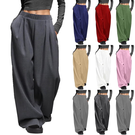 Pincandy Women's Fashion Casual Solid Color Ruched Elastic Waist Pants - Loose Fit for Outdoor Activities