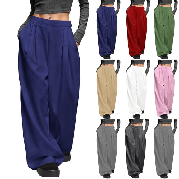 Pincandy Women's Fashion Casual Solid Color Ruched Elastic Waist Pants - Loose Fit for Outdoor Activities