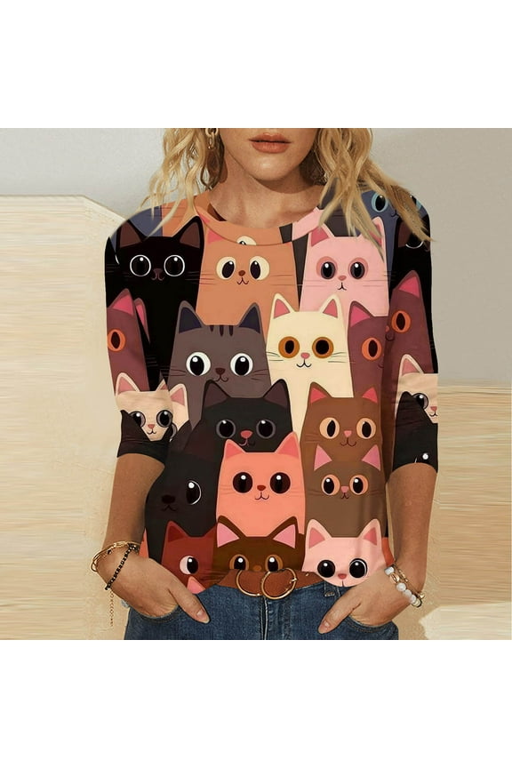 Women's Fashion Cat Graphic Print Crew Neck 3/4 Sleeve T Shirt Pullover Casual Tee Lightweight Top Ideal for Vacation Wear and Indoor Lounge Activities