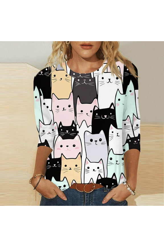 Women's Fashion Cat Graphic Print Crew Neck 3/4 Sleeve T Shirt Pullover Casual Tee Relaxed Fit Top Perfect for Weekend Gatherings and Friend Hangouts