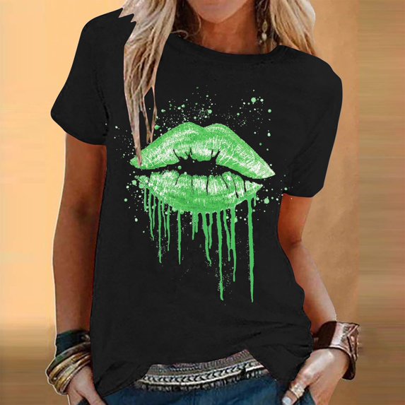 Pincandy Women's Fashion Printed Round Neck Short Sleeve T-shirt Lips Print Half Sleeve T Shirts Crewneck Street Oversized Tee Tops,Green,S