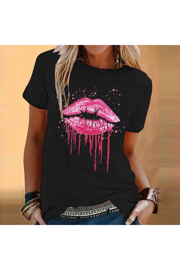 Women's Fashion Printed Round Neck Short Sleeve T-shirt Lips Print Half Sleeve T Shirts Crewneck Street Oversized Tee Tops,Pink,XL