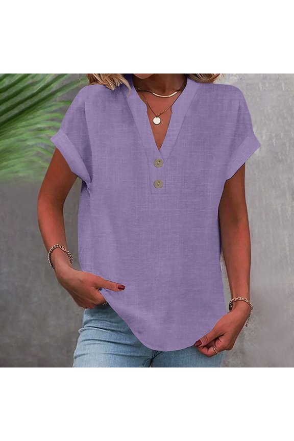Women's Fashion Solid Button Shirt Female-Neck Loose T-shirt Blouse Chiffon Blouse Short Sleeve Split V Neck Floral Casual Summer Dressy Work Tops,Purple,L