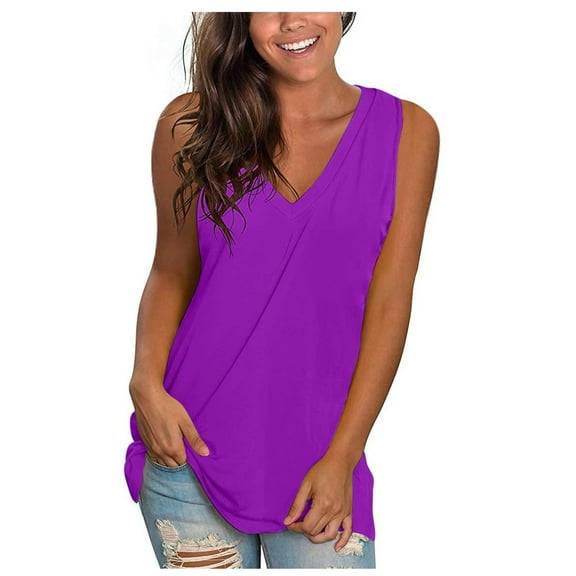 Pincandy Women's Fashion Solid Loose Sleeveless-Neck T-shirt Pullover Summer Deep V Neck Tank Top Loose Fit Flowy Sleeveless Shirt,Purple,4XL