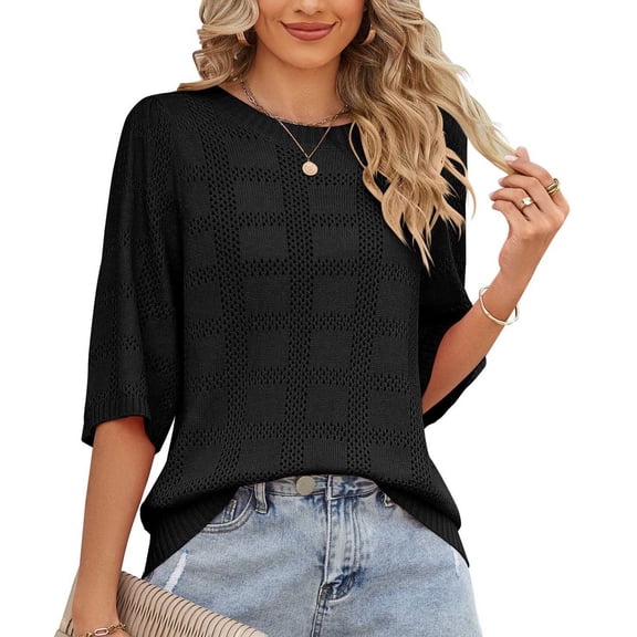 Pincandy Women's Fashion Summer Tops 3/4 Sleeve Round Neck Tshirts Cute Tunic Loose Fit Pullover Blouses and Basic Tees,Black,L
