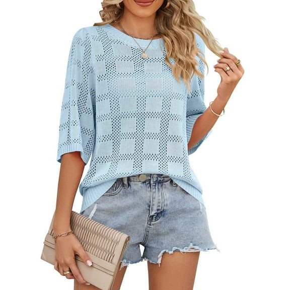 Pincandy Women's Fashion Summer Tops 3/4 Sleeve Round Neck Tshirts Cute Tunic Loose Fit Pullover Blouses and Basic Tees,Light Blue,S