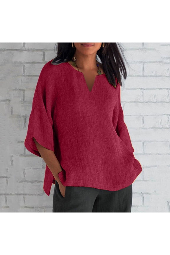 Women's Fashion Summer V Neck Leisure Three-quarter Long Sleeve Plus Size Tops Gauze Split Side Casual Dressy Blouses Crew Neck Loose Tunic Tops,Wine,2XL