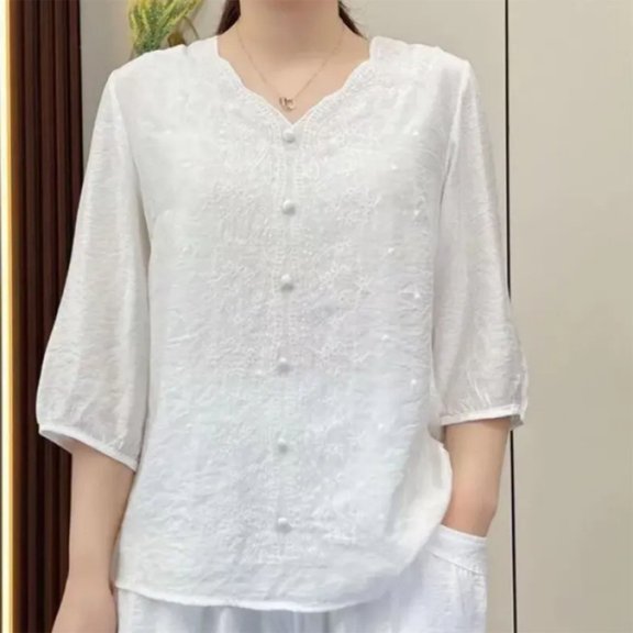 Pincandy Women's Fashionable Retro Embroidered Round Neck Five Quarter Sleeved Short Sleeved Top T-Shirts Cute Tunic Tops Basic Tees Blouses Business Work Tee Top,White,2XL
