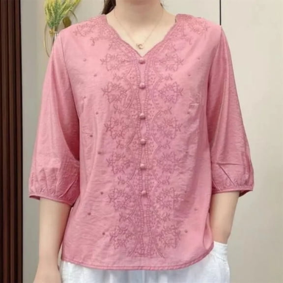 Pincandy Women's Fashionable Retro Embroidered Round Neck Five Quarter Sleeved Short Sleeved Top T-Shirts Cute Tunic Tops Basic Tees Blouses Business Work Tee Top,Pink,L
