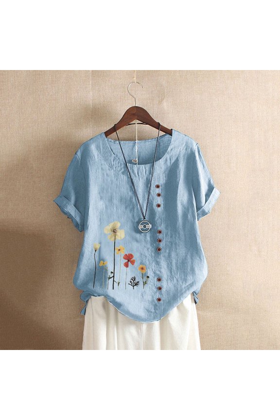 Women's Graphic Tops Shoulder Collar Flowy Tunic 3/4 Short Sleeve Loose Blouse,Blue,4XL